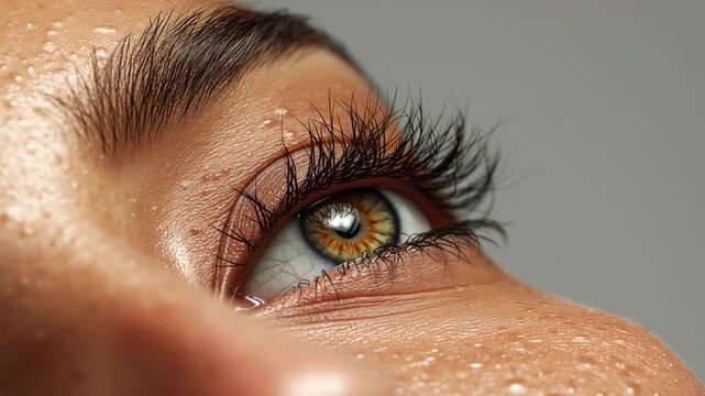 Close-up of a female's eye with vibrant iris and long eyelashes, showcasing water droplets on skin, highlighting beauty and detail in a neutral background setting