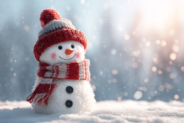 Obraz premium A cheerful snowman wearing a cozy knitted hat and scarf stands in the soft snow with snowflakes falling around him