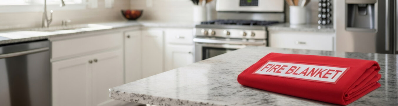 Red fire blanket lying on kitchen countertop. Essential safety equipment for extinguishing small flame in home. Preparedness tool for house fire emergency and household fire control. Banner with copy