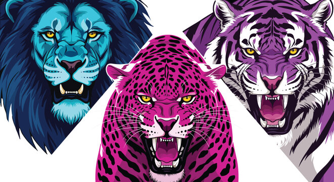 Vibrant Wild Cats Collection with Lion, Leopard, and Tiger in Bold Colors