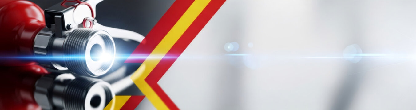 Extinguisher nozzle closeup for fire safety system. Equipment for flame suppression and emergency prevention in building. Industrial protection device to extinguish burning fire hazard. Banner with