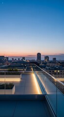 Fototapeta premium Modern rooftop terrace at dusk with city skyline view and ambient lighting, perfect for urban living and luxury lifestyle concepts.