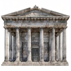 Fototapeta premium Isolated weathered ancient greek temple facade with columns and doorway featuring a triangular pediment