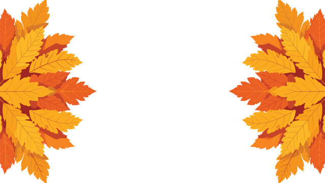 Two semi circular arrangements of orange and yellow autumn leaves creating a symmetrical frame on a plain white background.