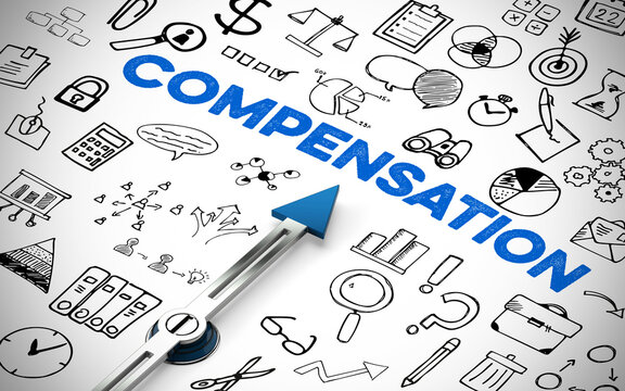 Kompass zeigt auf Schriftzug Compensation zwischen Icons