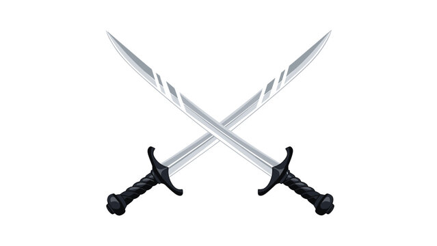 Pair of crossed pirate swords or scimitars with curved silver blades and black handles isolated on a clean white background.