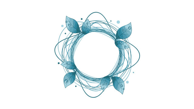 Circular abstract wreath design composed of thin blue lines and fresh green leaves with sparkling water droplets for natural themes.