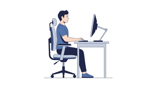 Man working at desk with proper ergonomic posture, sitting on office chair, side view vector
