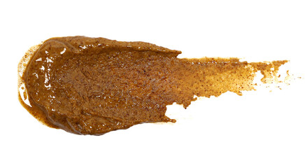 Almond butter spread with coconut oil isolated on white background, top view, clipping