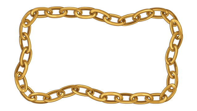 Rectangular frame made of interlocking gold chain links on a white background suitable for jewelry or industrial use.