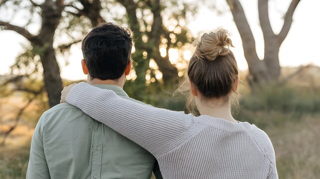 Couple standing together in a serene outdoor setting with arms around each other