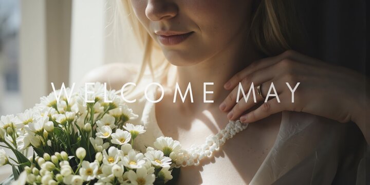 a woman holding flowers with the words welcome to may