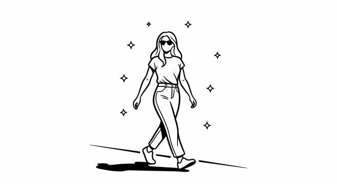 Young woman walking confidently in casual outfit with sunglasses  