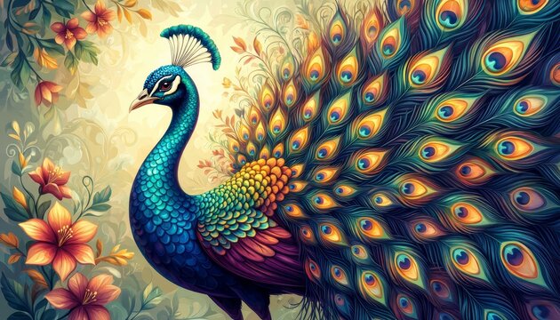 The peacock displays vibrant feathers, showcasing intricate patterns and colors. Surrounding the peacock are colorful flowers and lush green foliage, enhancing the natural scene.