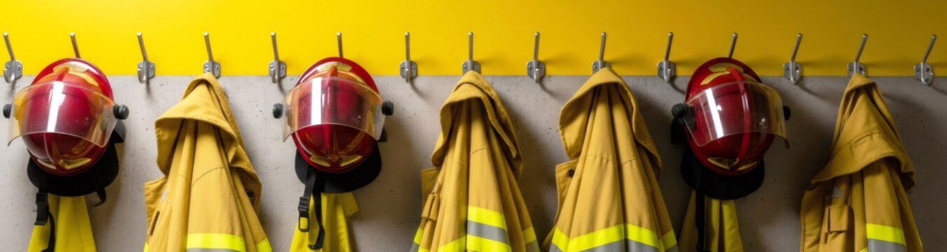 Firefighter equipment hanging on wall in station. Protective red helmet and yellow jacket for emergency responder. Professional fireman gear for safety during firefighting operation. Banner with copy