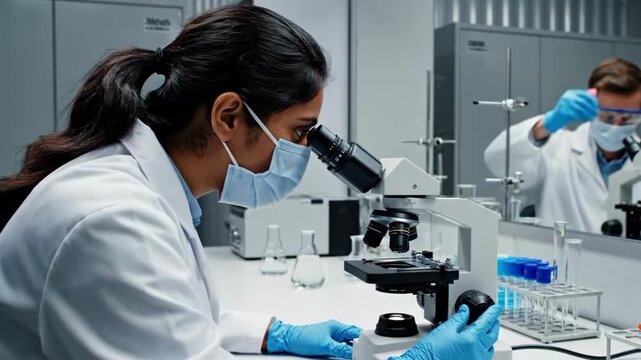 Scientists working in a laboratory with microscopes and equipment