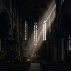 Obraz premium Sun rays shining light onto Jesus Christ crucifixion statue at an altar in dark old church. Mystery christian Easter holiday religion concept.