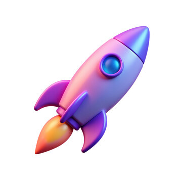 3d rocket ship with flame isolated on transparent background in glossy neon holographic y2k aesthetics.