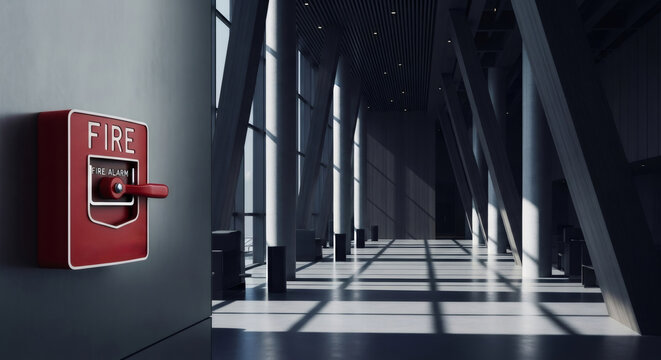 Red fire alarm box mounted on a wall in a modern office hallway. Emergency equipment for building safety and fire protection system. Critical alert mechanism for immediate hazard warning.