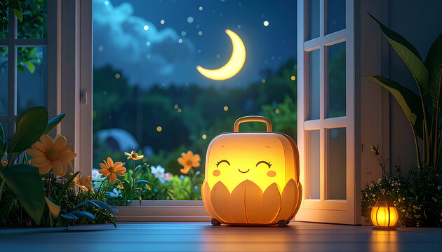 Adorable glowing suitcase with smiling face sits by an open window at night