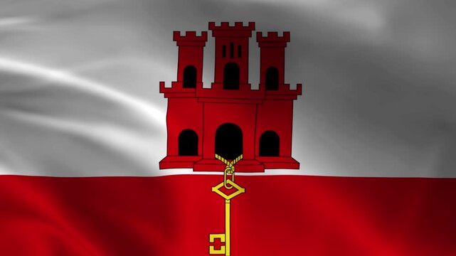 Gibraltar flag with castle and key emblem waving fabric texture national symbol for patriotic design and travel concepts