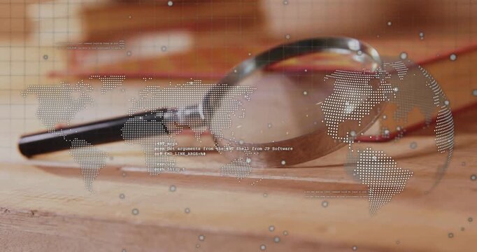 Playhead advancing, magnifying glass catching highlights, overlays drifting and fading to show data