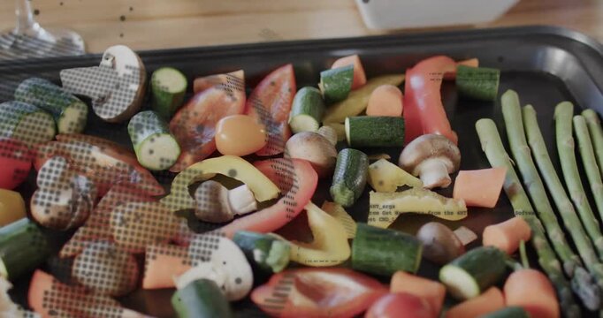Camera panning across tray revealing vegetables while dotted overlay shifting for food styling