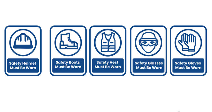 Blue safety signs icons for personal protective equipment requirements  helmets boots vests glasses gloves