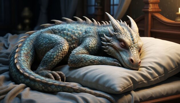 A dragon is curled up and sleeping on a bed's pillow. The dragon appears peaceful, surrounded by a cozy room with soft lighting.