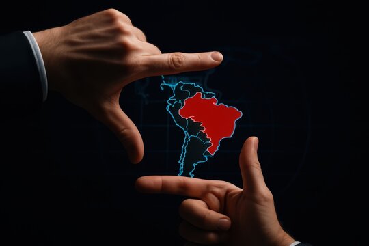 Hands framing South America on digital map highlighting Brazil region