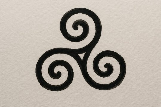 Triskelion spiral symbol hand drawn in bold black ink on textured paper