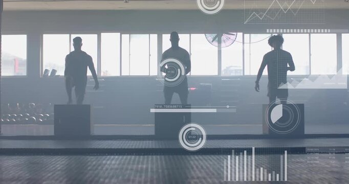 Three men following HUD timers and performing timed box jumps, step ups, squats for fitness