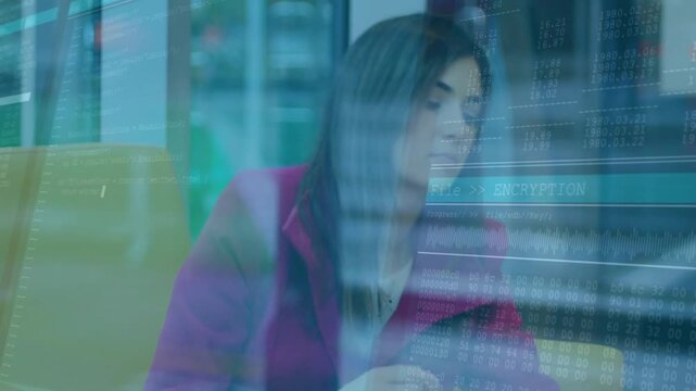 Mid adult woman tapping phone while waiting, summoning tech code overlay on glass, sipping coffee