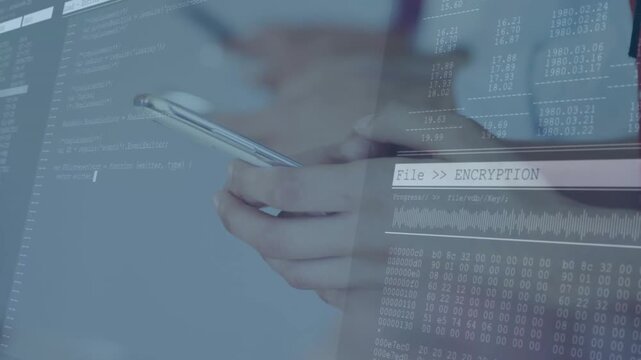 Vertical video: Swiping cuffed hands phones at work overlay rising showing encrypt UI securing data