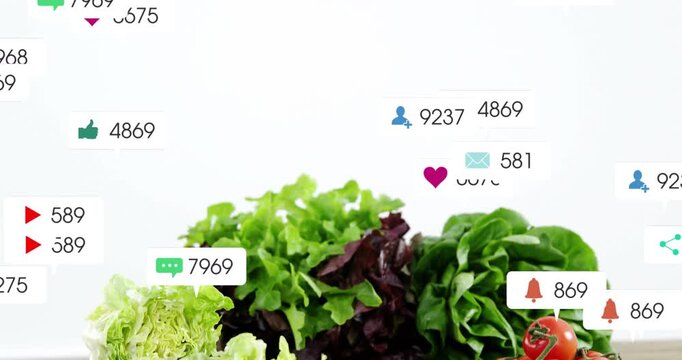 Notification icons appearing, lettuce, tomatoes attracting badges and counters, showing food buzz