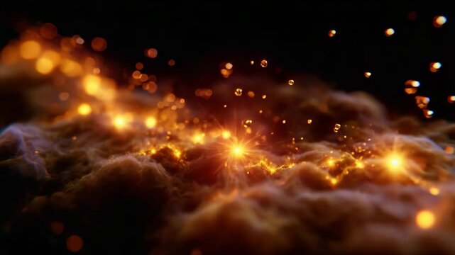 A Stunning Display of Cosmic Aesthetics: Luminescent Particles Merge with Ethereal Clouds, Creating a Breathtaking Visual Journey Through Galactic Beauty.