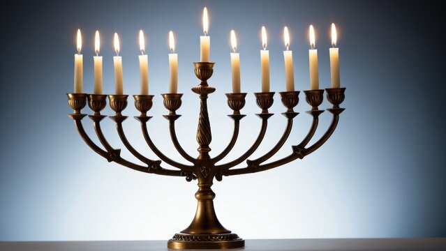 A menorah with seven lit candles on a table, suitable for Jewish holiday and celebration scenes
