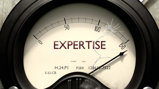 Expertise meter showing big levels of expertise. Dangerously increasing high values of expertise, critical overload. Too much, off the charts. Max expertise