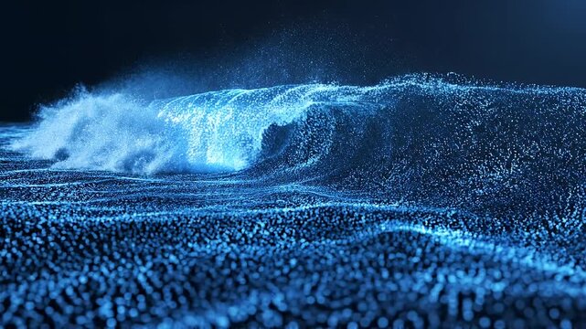 Particle ocean waves simulation, abstract wave luminous particle special effects background, particle wave light background, used for opening video, special effects, ultra-wide screen.