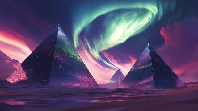 Abstract pyramid structures under vibrant aurora borealis display