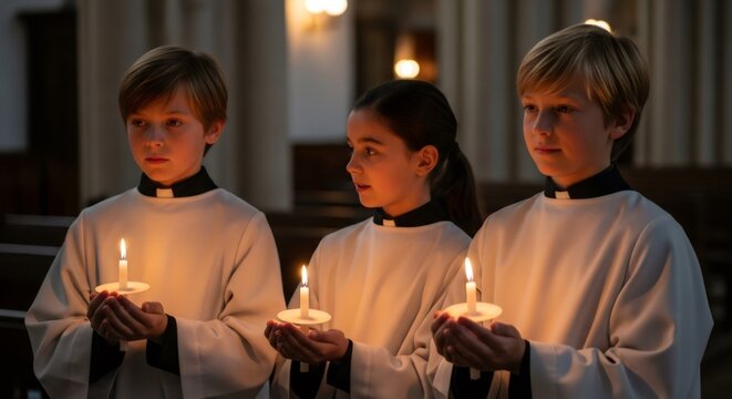 Three children holding candles in church during Christian ceremony. Easter vigil and Good Friday tradition for Christian faith.