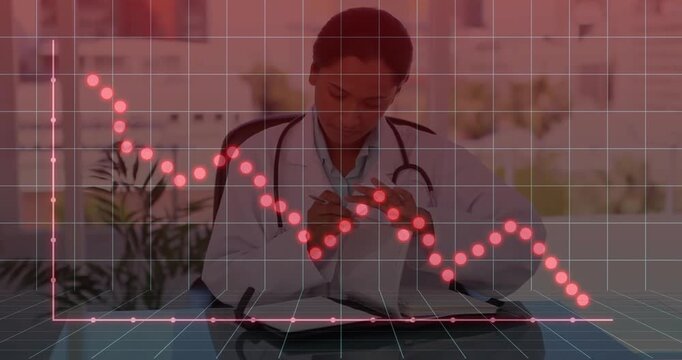 Medical clinician tapping tablet causing pink chart on 3D grid tracing downward and writing notes