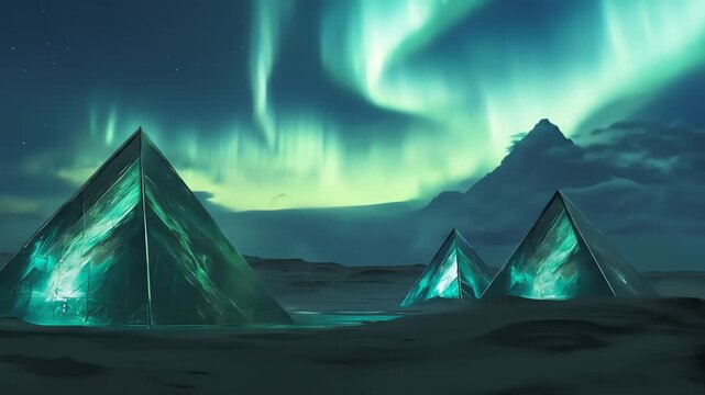 Abstract pyramids under luminous night sky with green and turquoise aurora