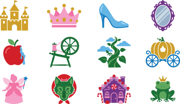 Collection of iconic fairytale elements including a castle, crown, glass slipper mirror poisoned apple spinning wheel beanstalk pumpkin carriage fairy wolf gingerbread house and a frog
