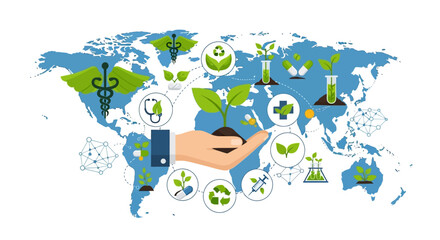 Fototapeta premium Global Green Healthcare & Biotechnology: Sustainable Medicine, Natural Remedies, and Eco-Friendly Research