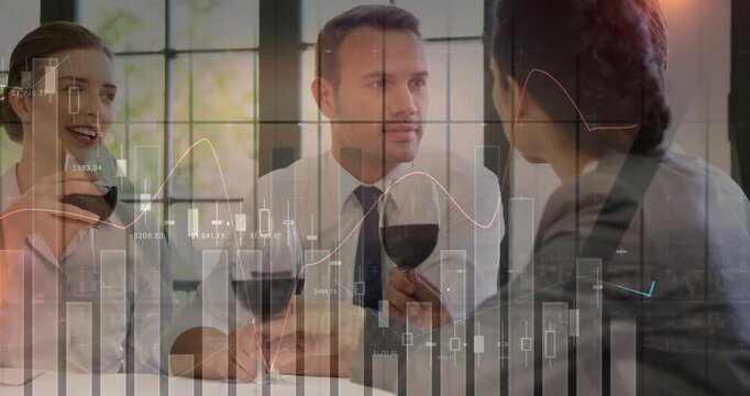 Left woman raising wine glass, team of three discussing stocks at window table with overlaid charts