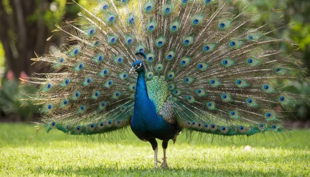 A peacock displays its vibrant feathers in a garden. The peacock showcases its colorful tail among green grass and varied foliage.