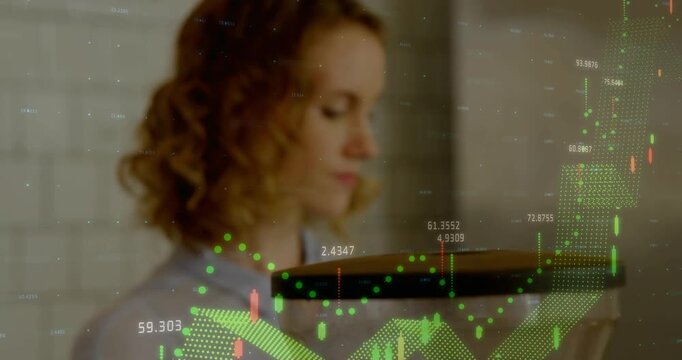 Vertical video: LEDs appearing woman in blue top making coffee tuning hopper at home counter charts