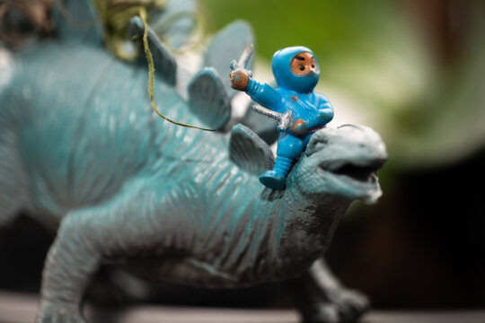 Tiny ninja figurine with a stegosaurus toy.