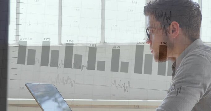 Man typing on laptop checking tech stats causing animated bars forming sweeping into row on screen
